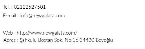 New Galata Hotel telefon numaralar, faks, e-mail, posta adresi ve iletiim bilgileri